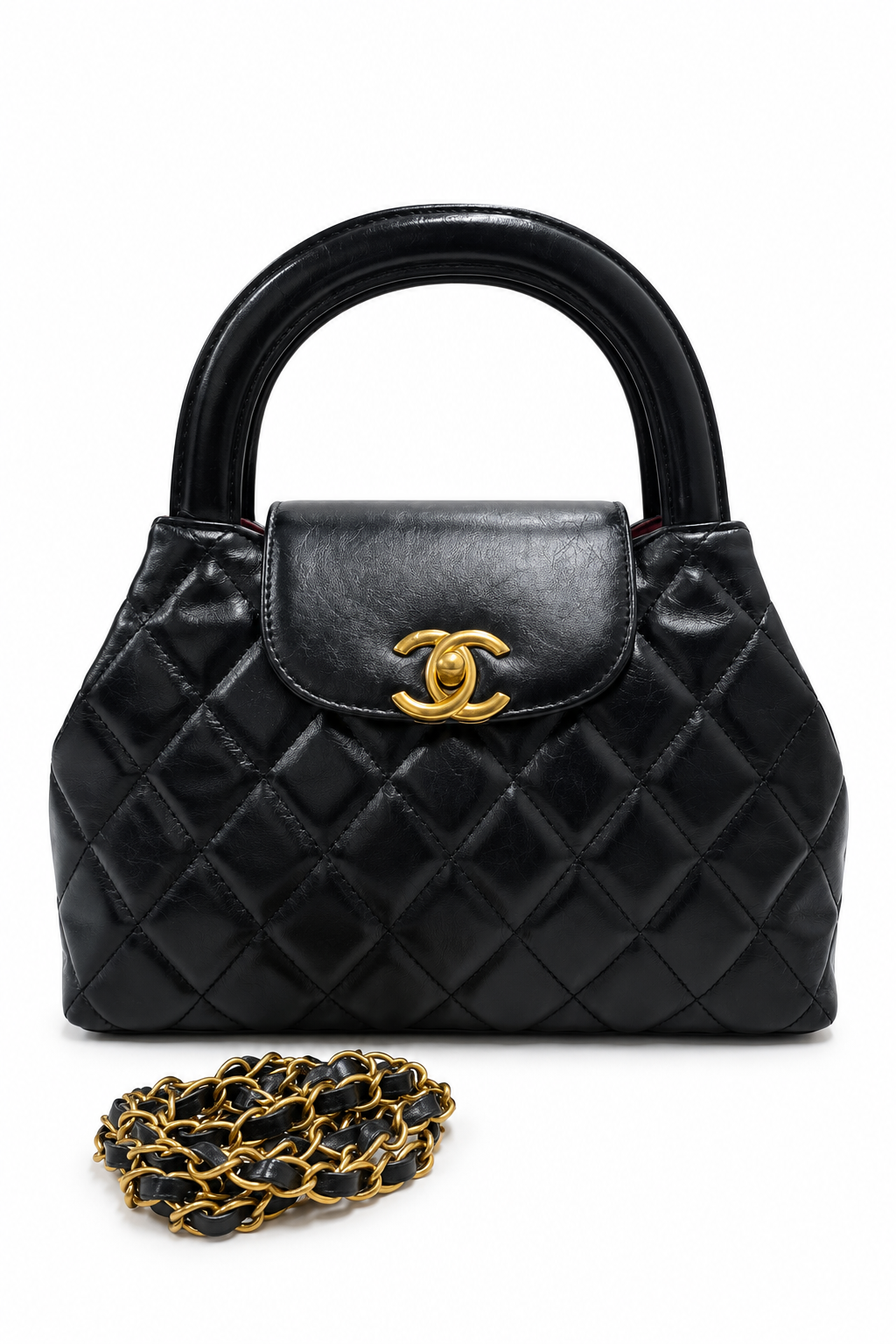 Black Quilted Top-Handle Bag with Gold Chain