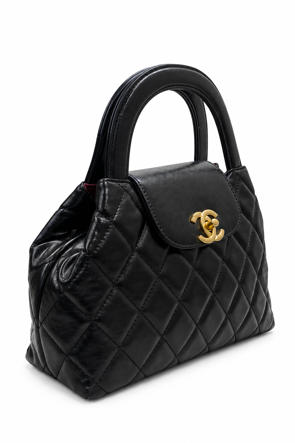 Black Quilted Top-Handle Bag with Gold Chain