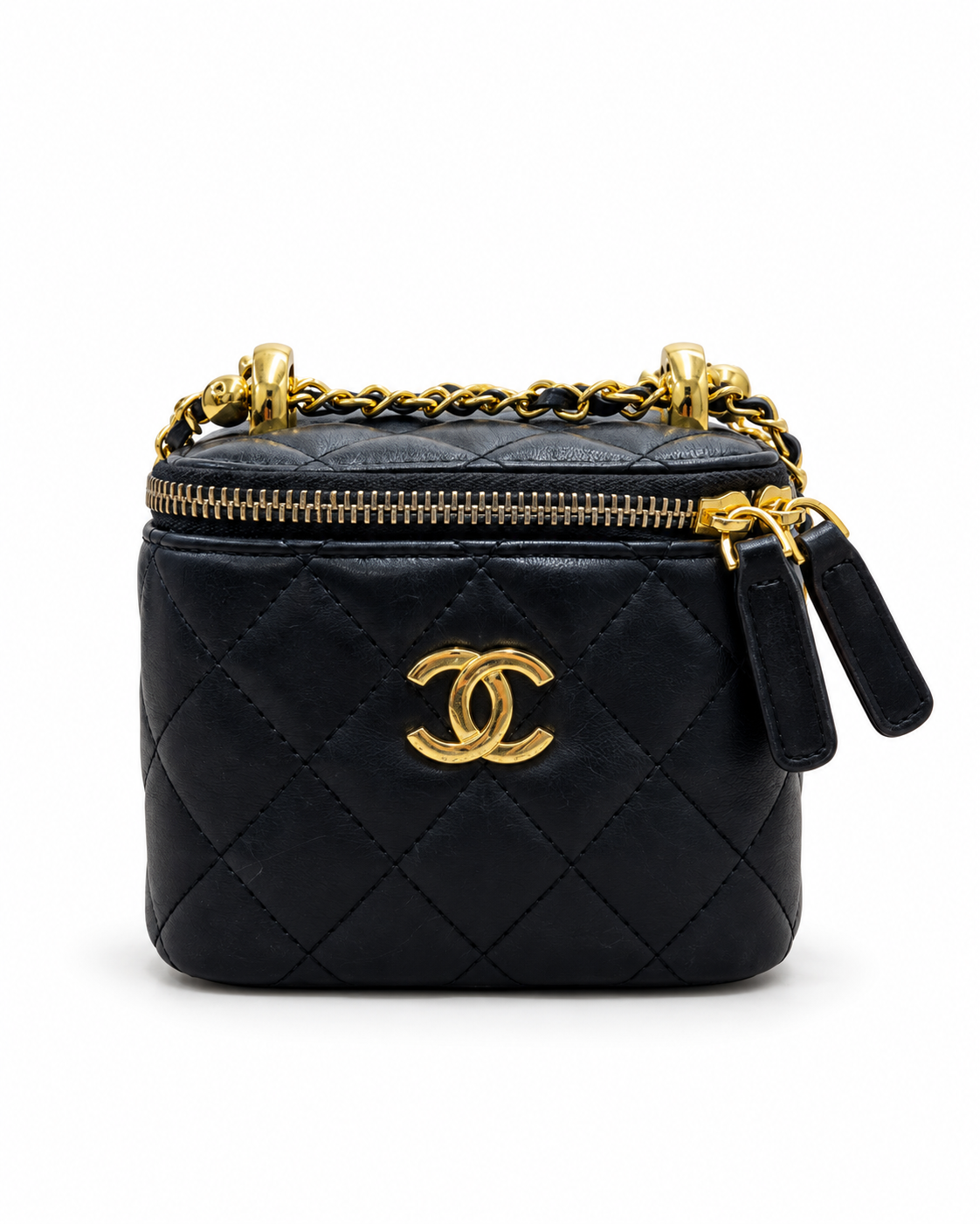 chanel Black Quilted Mini Vanity Bag with Gold Chain