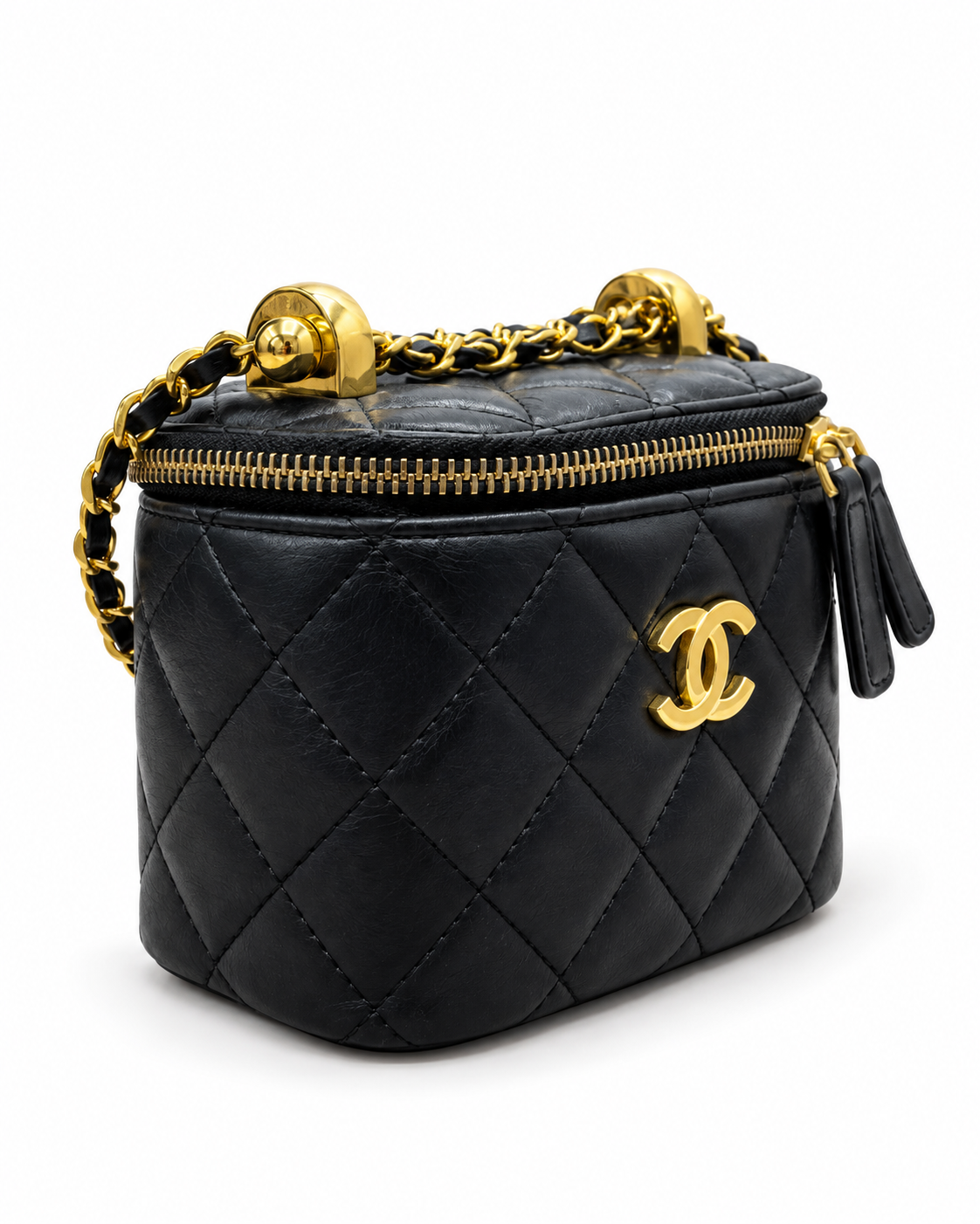 chanel Black Quilted Mini Vanity Bag with Gold Chain