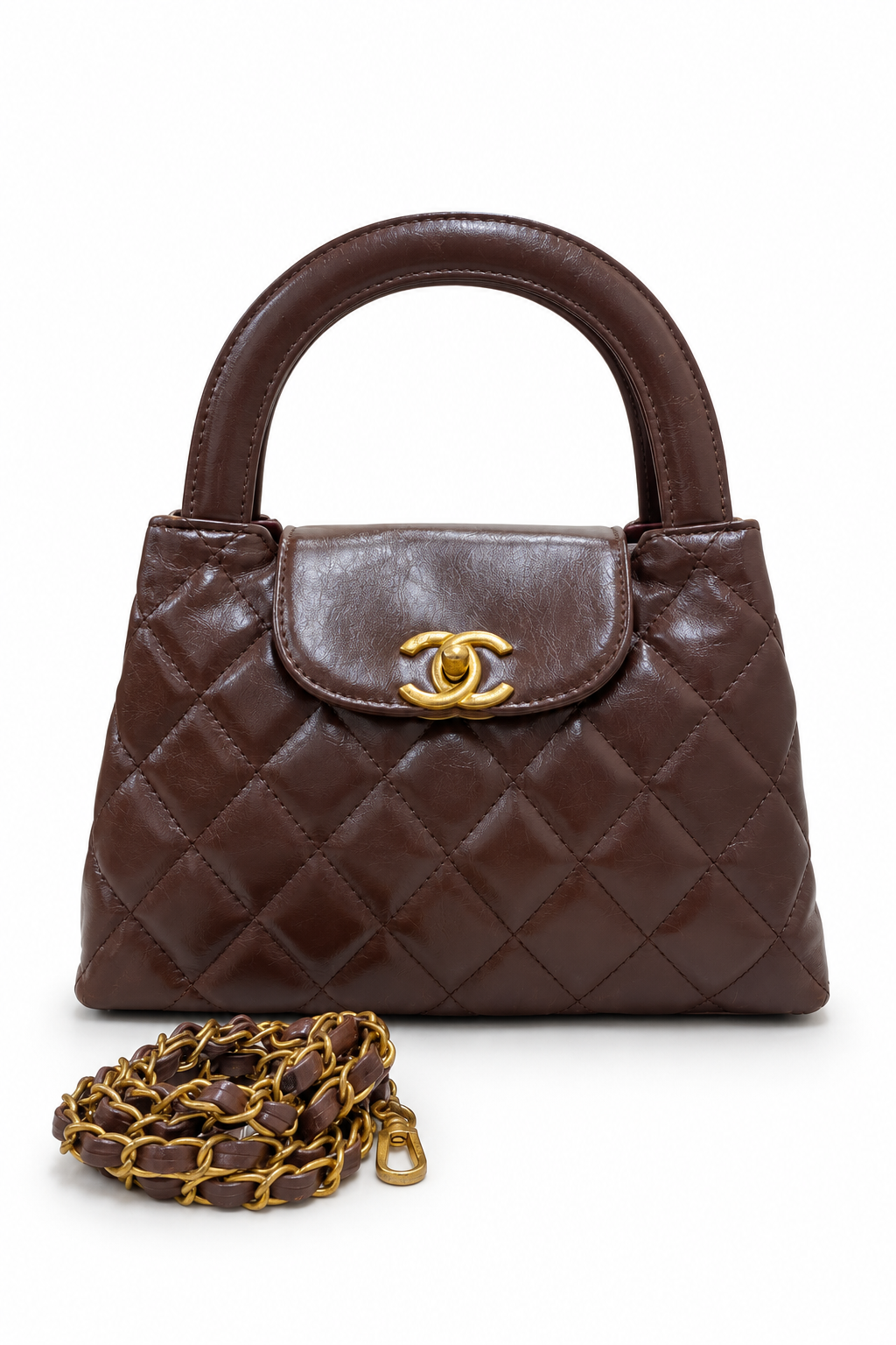 Black Quilted Top-Handle Bag with Gold Chain