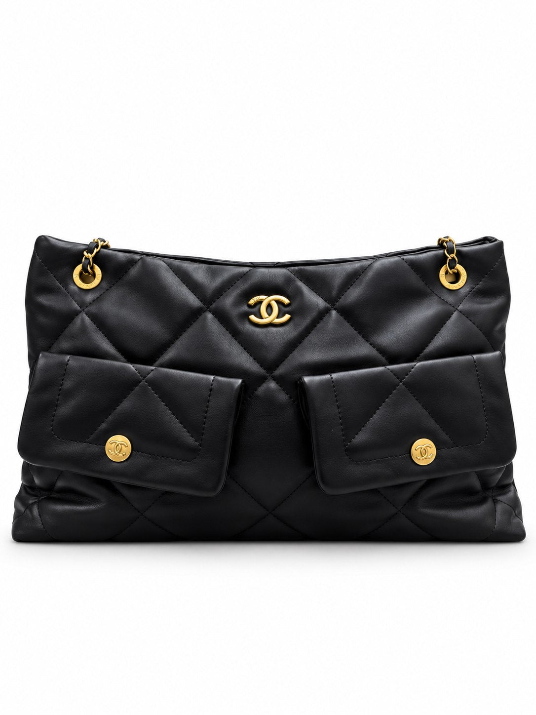 CHANEL Quilted Shoulder Bag with Dual Front Pockets and Gold-Tone Chain