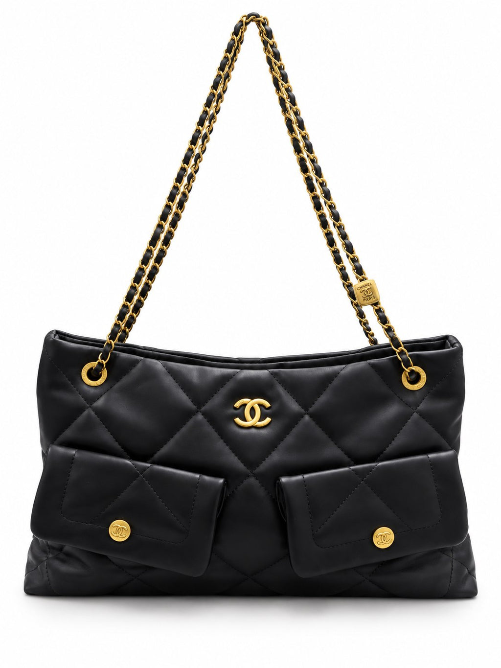 CHANEL Quilted Shoulder Bag with Dual Front Pockets and Gold-Tone Chain