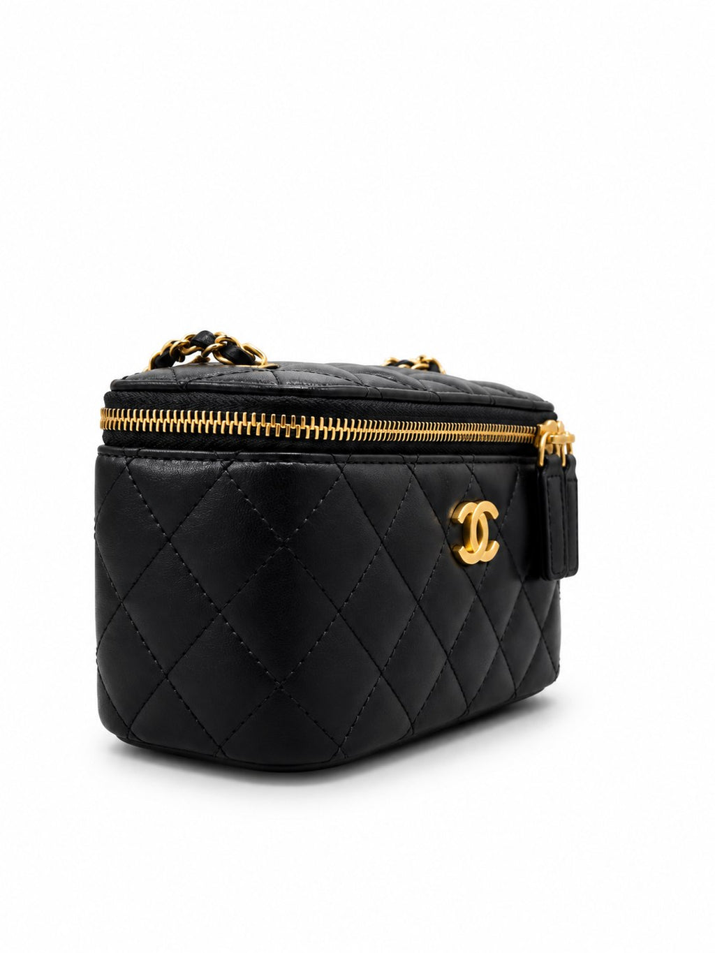 Chanel quilted black vanity case with gold-tone hardware
