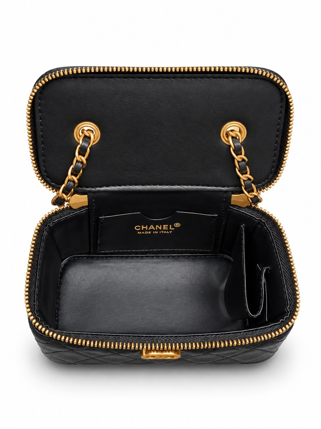 Chanel quilted black vanity case with gold-tone hardware